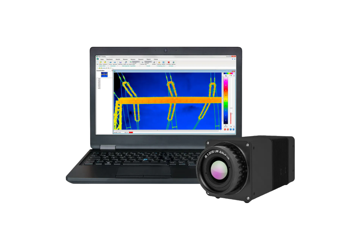 InfraTec VarioCAM HDx head 600 camera beside a laptop showing the IRBIS 3 graphic user interface