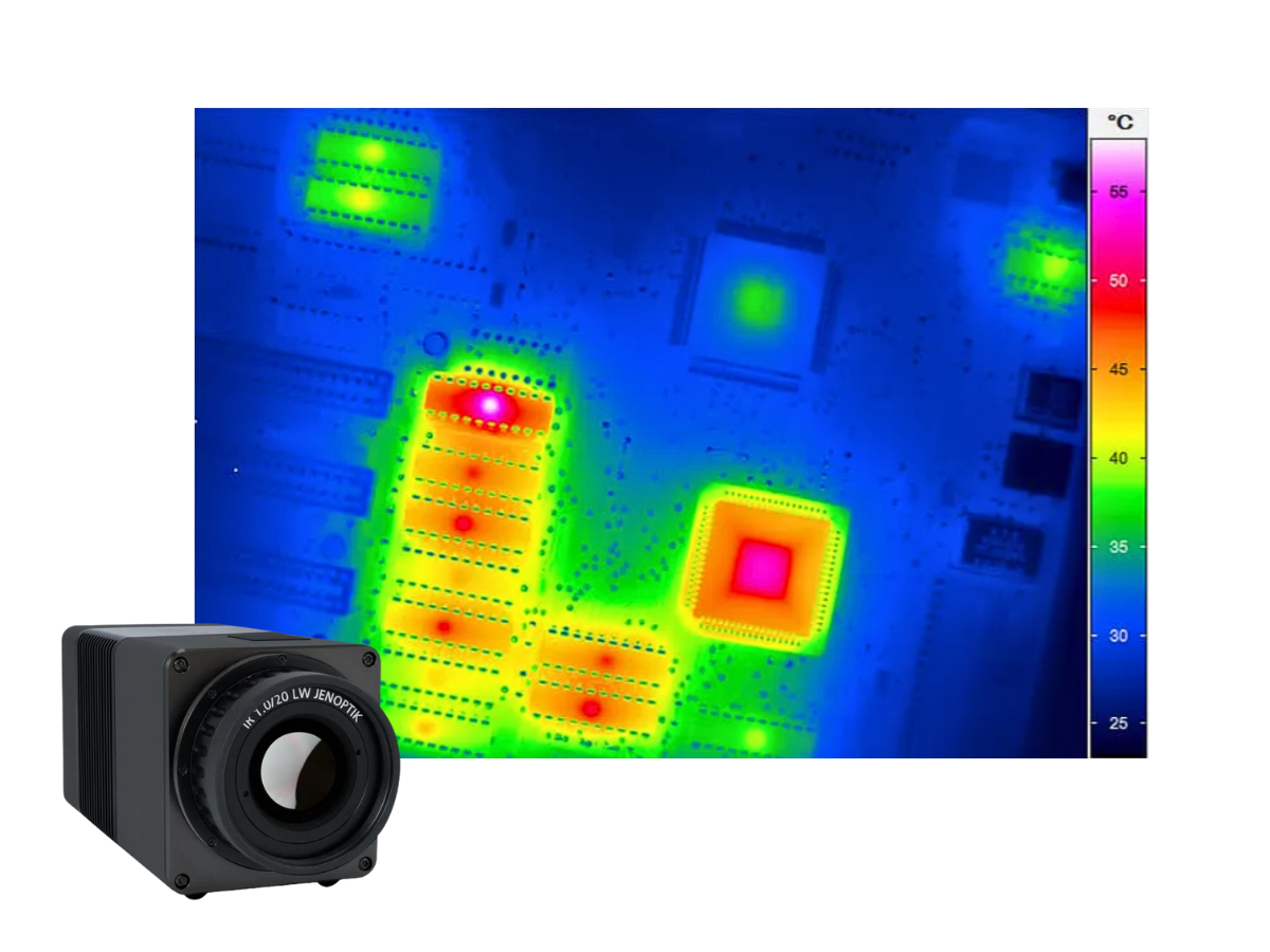 InfraTec VarioCAM HDx head 600 camera beside thermal image of electronics board